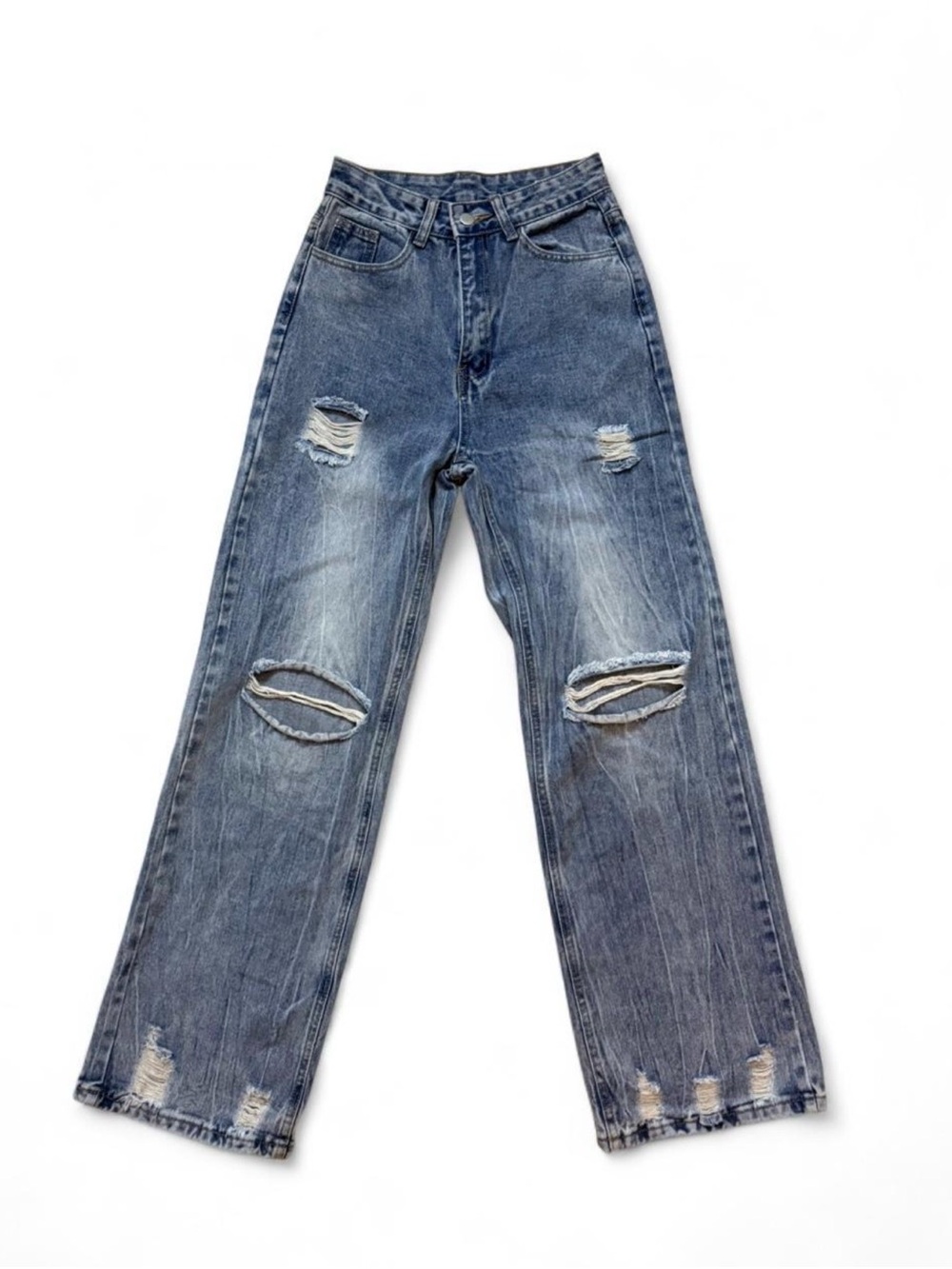 Medium Wash Distressed Blue Denim Straight Leg Jeans